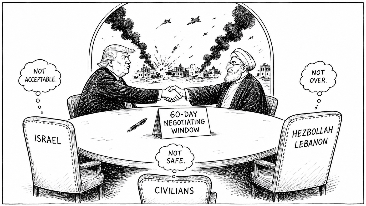 Editorial cartoon showing a negotiating table with the US and Iran shaking hands, while Israel, civilians and Hezbollah-Lebanon remain uneasy outside the agreement.
