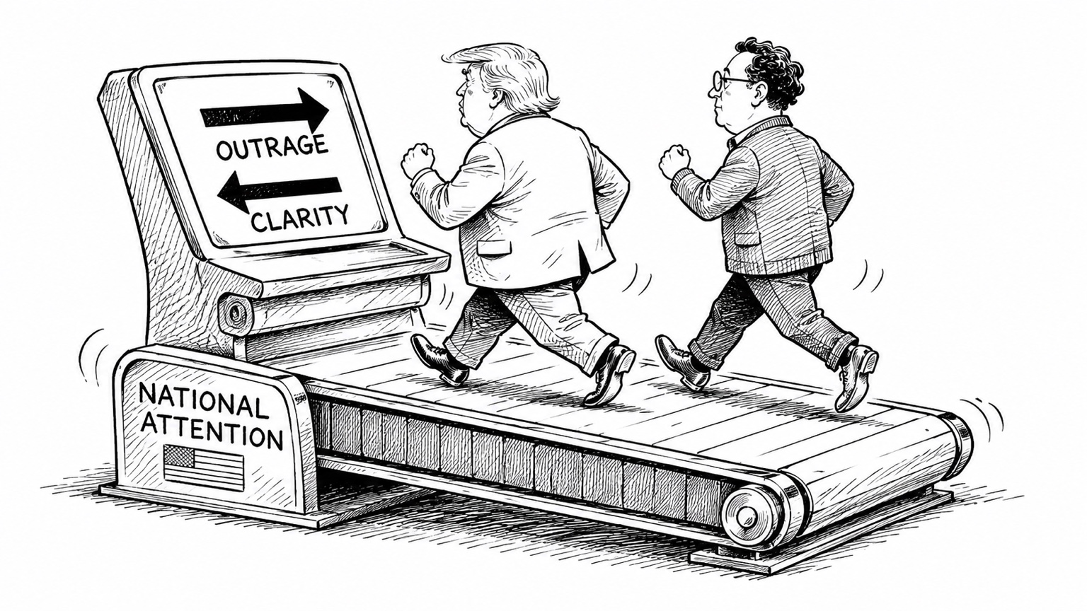 Editorial cartoon showing national attention running on a treadmill between outrage and clarity